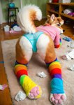 anthro cameltoe clothing costume footwear fursuit looking_back male panties paws raised_tail shirt socks solo topwear trash underwear redfoxthing_idk canid canine fox mammal hi_res