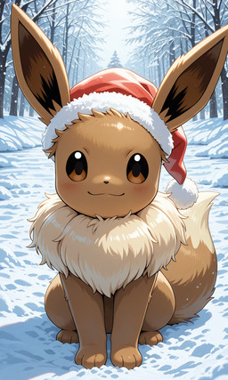 3_toes black_sclera blush blush_lines brown_body brown_fur christmas_clothing christmas_headwear clothing feet fluffy fluffy_tail fur hat headgear headwear long_ears looking_at_viewer neck_tuft outside paws plant santa_hat sitting sitting_on_ground smile smiling_at_viewer snow toes tree tuft winter yiff_ai_(director) nintendo pokemon eevee eeveelution generation_1_pokemon pokemon_(species) hi_res