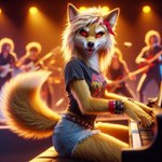 anthro black_nose blonde_hair bottomwear bracelets clothing dall-e_3 denim denim_clothing detailed_background female fur hair jeans keyboard_instrument long_hair microphone musical_instrument pants piano red_eyes shirt shorts solo t-shirt topwear yellow_body yellow_fur goldanthrowolf background_character canid canine canis luphra'nite mammal wolf