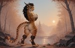 anthro autumn big_breasts big_butt black_hair breasts butt curvy_figure digitigrade fangs female fluffy fluffy_fur fluffy_tail fur green_eyes hair holding_breast horn lake multicolored_body multicolored_fur muscular muscular_female neck_tuft orange_body orange_fur pink_nose smile smiling_at_viewer solo stripes sunset thick_thighs tuft two_tone_body two_tone_fur slingsting charr felid feline mammal hi_res