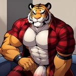 anthro bara big_penis five_nights_at_maggie's flannel_shirt genitals huge_penis humanoid_genitalia humanoid_penis male muscular muscular_male orange_body pecs penis solo stripper candougie timmy_(fnam) felid mammal pantherine tiger