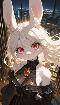anthro black_clothing black_dress blushing_at_viewer breasts brooch clothed clothing dress eyebrows eyelashes female frilly frilly_clothing fur hair inner_ear_fluff long_hair looking_at_viewer red_eyes solo tuft white_body white_fur white_hair crody lagomorph leporid mammal rabbit hi_res