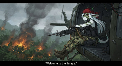 aircraft anthro cc-by-sa female gun hair helicopter horn long_hair makeup plant ranged_weapon solo tail text tree weapon white_hair anonymous_director libbie_the_spirit_oryx antelope arabian_oryx bovid grazing_antelope mammal oryx english_text