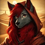 anthro dall-e_3 desert eyeliner hair long_hair makeup male red_eyes red_hair solo unknown_director darashi_kuso canid canine canis mammal wolf