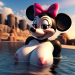 accessory anthro big_breasts big_ears black_body bow_ribbon breasts disney female hair_accessory hair_bow hair_ribbon looking_at_viewer nipples partially_submerged pink_bow ribbons solo solo_focus water minnie_mouse mammal mouse murid murine rodent