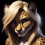 absurd_res anthro athletic black_spots blonde_hair blue_eyes canineluvr19 cheetah close-up detailed facial_markings felid feline female fur hair hair_over_eye head_markings hi_res looking_at_viewer mammal markings one_eye_obstructed smile smirk solo spots spotted_body spotted_fur whiskers yellow_body yellow_fur