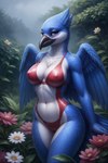 anthro autumndragon avian beak bikini bird blue_body blue_feathers breasts camel_toe clothing countershading erect_nipples feathers female flower garden hi_res nipples non-mammal_breasts plant raining red_bikini solo swimsuit_bikini swimwear white_body white_countershading wings