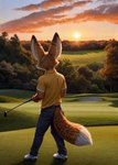 anthro bottomwear canid clothing ears_up fluffy fluffy_tail fur golf junothewoofer looking_away male mammal multicolored_body multicolored_fur pants rear_view solo sport sunset topwear two_tone_body two_tone_fur vulpera