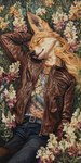 anthro asleep belt bottomwear clothing denim denim_clothing female floral_background flower_field jacket jeans leather leather_clothing leather_jacket leather_topwear pants shirt solo topwear bahufaru sarah_doyle canid canine canis coyote mammal hi_res