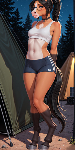 anthro breasts choker clothing eyewear female glasses hair jewelry looking_at_viewer necklace shirt smile solo tank_top topwear yoga_shorts vargrklaw caroline equid equine horse mammal absurd_res hi_res