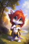 anthro armor chibi dragon fur hair icefoxai red_hair solo tail white_body white_fur yellow_eyes