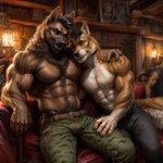 anthro askiewarg big_arms black_hair bottomwear canid canine canis clothing cuddling domestic_dog duo german_shepherd hair herding_dog hyper_realistic_ai male male/male mammal muscular muscular_male pants pastoral_dog pecs veiny_arm