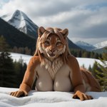 anthro blonde_hair cloudy digitigrade female forest fur golden_eyes hair long_hair looking_at_viewer lying mountains multicolored_body multicolored_fur nude on_front plant ponyrealism_(model) smile snow solo tree director_crashbandit cougar felid feline mammal pantherine