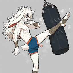 anthro athletic athletic_anthro athletic_male balls bandage bodily_fluids bottomwear bulge clothed clothing erection feet flaccid foreskin fur genitals hair humanoid_genitalia humanoid_penis kick long_hair male muscular muscular_male nipples open_mouth penis penis_through_leghole poking_out punching_bag red_eyes short_tail shorts simple_background solo sportswear sweat tail teeth toes topless topless_male white_body white_fur white_hair wraps unknown_director jack_the_rabbit_(u.d) lagomorph leporid mammal rabbit hi_res
