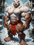 abs anthro barefoot beard biceps big_muscles black_eyes bottomwear brown_body brown_fur clothed clothing facial_hair fangs feet fur loincloth looking_at_viewer male multicolored_body multicolored_fur muscular nipples outside pecs plantigrade ruins snow solo topless two_tone_body two_tone_fur veiny_muscles white_body white_fur vanzilen brown_bear hybrid mammal polar_bear ursid ursine full-length_portrait hi_res portrait