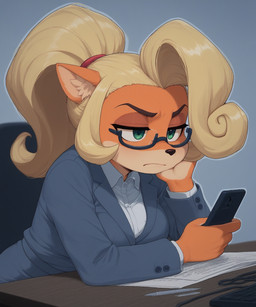 5_fingers anthro blonde_hair breasts cellphone clothing desk eyewear female fingers furniture glasses hair half-closed_eyes holding_object holding_phone inner_ear_fluff narrowed_eyes phone ponytail solo suit table tuft anonymous_director activision crash_bandicoot_(series) coco_bandicoot mammal marsupial hi_res