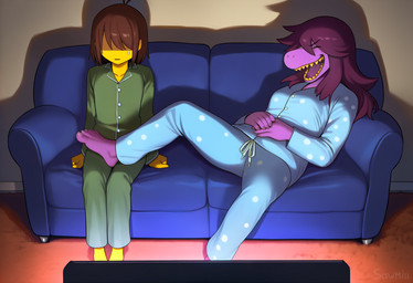 5_fingers 5_toes ambiguous_gender anthro arm_support barefoot biped bodily_fluids brown_hair carpet clothed clothing duo eyebrow_through_hair eyebrows eyeless eyes_closed feet female fingers foot_on_crotch front_view fully_clothed furniture hair humanoid_feet laughing legs_together on_sofa open_mouth pajamas plantigrade purple_body purple_hair purple_skin side_by_side sitting sofa spread_legs spreading sweat sweatdrop teeth toes translucent translucent_hair tv yellow_body yellow_skin sawmill deltarune undertale_(series) kris_(deltarune) susie_(deltarune) human mammal story story_in_description