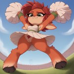 anthro bottomwear cheerleader_outfit clothed clothing female hair hooves no_underwear pom_poms pubes raised_arms red_hair skirt solo unguligrade upskirt view_from_below dr_crapola elora hi_res