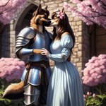 accessory anthro canid canine canis domestic_dog duo eyes_closed female flower flower_in_hair german_shepherd hair hair_accessory hand_holding hand_on_back herding_dog kissing lurktime_(director) male mammal medieval medieval_armor medieval_clothing pastoral_dog plant romantic romantic_couple standing