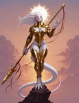 albino anthro armor claws cloud female gem gold_(metal) gold_armor hair heroic_pose melee_weapon mountain polearm red_eyes ruby_(gem) scales solo spear sun tail weapon white_body white_hair white_scales vermilion888 char'carassilvanath lizard reptile scalie absurd_res hi_res