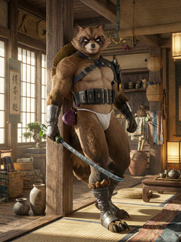 anthro armor belt boots clothing footwear hat headgear headwear japanese_architecture light looking_at_viewer male melee_weapon muscular muscular_anthro muscular_male solo standing straw_hat sunlight sword thong underwear weapon sweet_husbando fortnite hajime_(fortnite) canid canine mammal raccoon_dog tanuki absurd_res hi_res