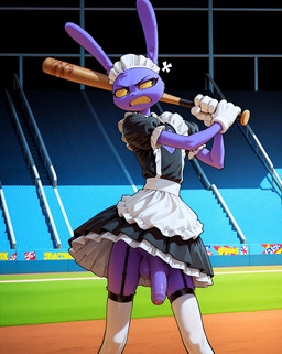 4_fingers angry anthro anus balls baseball_bat bat_(object) big_penis clothed clothing crossdressing fingers foreskin fur garter_straps genitals gloves handwear holding_object legwear maid_headdress maid_uniform male no_underwear penis purple_body purple_fur solo stadium stockings uniform yellow_sclera yellow_teeth styx343 jax_(the_amazing_digital_circus) hi_res