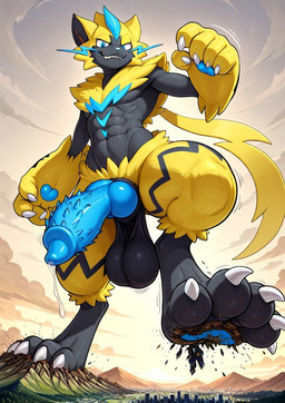 animal_genitalia animal_penis anthro balls big_balls big_penis canine_genitalia canine_penis claws feet genitals huge_balls huge_penis knot macro male muscular muscular_anthro muscular_male penile_spines penis saggy_balls solo solo_focus stomping yellow_body thyuy8 nintendo pokemon generation_7_pokemon legendary_pokemon pokemon_(species) zeraora