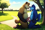 anthro blush bodily_fluids cum duo genital_fluids genitals grass kissing male male/male nipples outdoors outside penis plant snowballing tree pup_tobey mammal ursid absurd_res hi_res