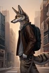 2024 anthro backpack black_nose bottomless brown_clothing brown_jacket brown_topwear clothed clothing countershade_face countershade_fur countershading detailed_background fangs fur jacket male solo street tan_body tan_fur topwear white_clothing white_topwear yellow_eyes unknown_director canid canine canis coyote mammal 2:3