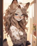 anthro blonde_hair blush clothed clothing female fur green_eyes hair inside pink_nose plant shirt solo teal_eyes topwear white_body white_fur sappy_(director) felid feline mammal hi_res portrait