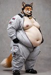 anthro bell bell_collar belly belly_overhang black_stripes cheek_tuft chest_tuft clothing collar facial_tuft fat_rolls flight_suit fluffy fluffy_tail fur jacket jumpsuit looking_at_viewer male moobs morbidly_obese navel nipples obese orange_body orange_fur overweight overweight_anthro overweight_male pawpads paws photorealism photorealistic pockets realism realistic simple_background snout solo spacesuit standing stripes thick_thighs topwear tuft white_body white_fur wide_hips anonymous_director canid canine fox mammal absurd_res hi_res