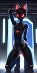 anthro black_body felid feline female front_view genitals glowing hi_res kneeling looking_at_viewer machine mammal prompt pussy red_eyes robot solo voidfly_(director)