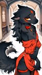 bedroom_eyes black_body black_fur breasts clothed clothing collar detailed_background dress evening_gown facial_markings female female_anthro fur hair head_markings inside long_hair looking_at_viewer markings narrowed_eyes orange_eyes red_clothing red_dress red_markings seductive shy smile solo tail tail_motion tailwag tuft anotheranon cookie_(anotheranon) furred_kobold kobold mammal absurd_res hi_res