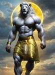 anthro bottomwear clothing genitals male muscular nipples penis silk skirt solo joachim58 felid feline lion mammal pantherine animated