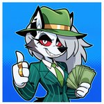 abstract_background anthro black_ears blue_background border clothing female formal_clothing fur gangster_spongebob gesture green_clothing green_hat green_headwear green_necktie green_suit grey_body grey_fur grey_hair grin hair halftone_effect hat headgear headwear holding_money holding_object looking_at_viewer money multicolored_body multicolored_fur necktie pattern_clothing red_sclera ring sharp_teeth simple_background smile solo striped_clothing stripes suit teeth thumbs_up two_tone_body two_tone_fur upper_body white_border white_eyes mlaofmd helluva_boss loona_(helluva_boss) canid canine canis mammal wolf 2025 hi_res