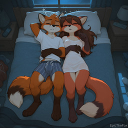 anthro bed brown_body brown_fur clothing curtains_open duo female fluffy fluffy_tail fur furniture lamp lying lying_on_bed male male/female on_back on_bed orange_body orange_fur pillow shirt sleeping topwear white_body white_fur window epicfox ember_(epicfox) epic_(epicfox) canid canine fox mammal red_fox director_name hi_res watermark brother_(lore) brother_and_sister_(lore) sibling_(lore) sister_(lore)