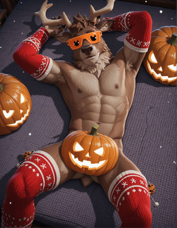 abs anthro antlers athletic carpet clothing deer_ears deer_nose eyewear genitals glasses halloween hands_behind_head horn jack-o'-lantern legwear lying male nipples novelty_glasses nude on_back orange_eyewear orange_glasses penis pocox3pro presenting scut_tail seductive short_tail solo tail fortnite dolph_(fortnite) capreoline cervid mammal reindeer hi_res