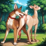 animal_genitalia anus bedroom_eyes dominant dominant_female duo erection female feral forest genitals licking looking_back looking_pleasured male male/female narrowed_eyes outside penis plant predator/prey pussy seductive smug teasing tongue tongue_out tree bluepear_(director) canid canine canis cervid domestic_dog mammal hi_res