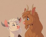 ambiguous_gender blue_eyes brown_body brown_fur brown_hair duo eye_contact fur green_eyes hair horn looking_at_another pink_nose simple_background smile white_body white_fur white_hair aphid butterwolf bovid bovine cattle mammal