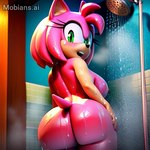 anthro blush breasts butt female green_eyes looking_at_viewer mobians.ai nude pink_body presenting presenting_hindquarters shower solo solo_focus sonic_the_hedgehog_(series) wet wet_body amy_rose eulipotyphlan hedgehog mammal tail watermark