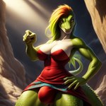 anthro athletic bare_shoulders breasts bulge cave cleavage clothed clothing clothing_lift dress dress_lift gesture green_body green_hair green_scales gynomorph hair hand_on_hip hi_res intersex lizard non-mammal_breasts pointing pointing_at_viewer red_hair reptile scales scalie solo standing stern_look wahrdu yellow_eyes