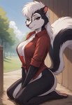 barn_background big_tail bodily_fluids clothing female flannel_shirt outside pose sitting solo sweat anonyfur89 onyx_(jmh) mammal mephitid skunk hi_res