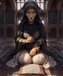 anthro breasts clothed clothing female headgear headwear hijab islamic looking_at_viewer mosque praying quaran religion religious_clothing religious_headwear solo cheetah felid feline mammal hi_res