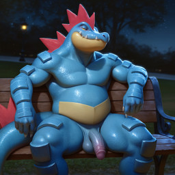 5_fingers anthro balls balls_rest belly bench big_penis blue_balls blue_body blue_penis blue_scales blurred_background bodily_fluids countershading feet_out_of_frame fingers genital_fluids genitals glans glistening glistening_balls glistening_body glistening_genitalia glistening_penis half-closed_eyes half-erect humanoid_genitalia humanoid_penis leaking_precum male narrowed_eyes night park penis pink_glans plant precum realistic scales sharp_teeth sitting sitting_on_bench solo street_lamp tail tan_body tan_countershading teeth tree vein veiny_penis yellow_eyes dfy6c nintendo pokemon crocodilian feraligatr generation_2_pokemon pokemon_(species) reptile scalie hi_res