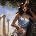 absurd_res anthro canineluvr19 cervid clothing female hi_res leaning looking_at_viewer mammal midriff nipple_outline ruins seductive shirt slim solo solo_focus tank_top topwear undressing