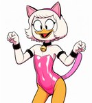 anthro beak bell bell_collar black_eyes bracelet bunny_costume cat_tail clothing collar costume disney ducktales ducktales_(2017) eyebrows eyeliner fake_cat_ears fake_ears feathers female flat_chested hair happy jewelry makeup open_mouth orange_legs paw_pose pink_clothing pose raised_eyebrows short_hair simple_background solo tight_clothing tongue white_background white_body white_feathers white_hair white_skin young cloud9999 webby_vanderquack anatid anseriform avian bird duck hi_res portrait three-quarter_portrait