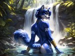 anthro blue_body blue_eyes blue_fur breasts butt canid canine female fluffy fluffy_tail fox fur hi_res jewelry jungle krystal looking_at_viewer mammal mercrantos nipples outside plant smile solo tattoo tree waterfall