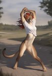 anthro bottomless clothed clothing digitigrade female field forest fur hair hands_above_head nude path plant red_hair shirt smile solo standing stretching tan_body tan_fur tasteful_nudity topwear tree director_crashbandit cougar felid feline mammal pantherine hi_res novelai