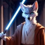 anthro canid canine canis fur humanoid jedi lightsaber male mammal melee_weapon muscular solo temple weapon white_body white_fur wolf