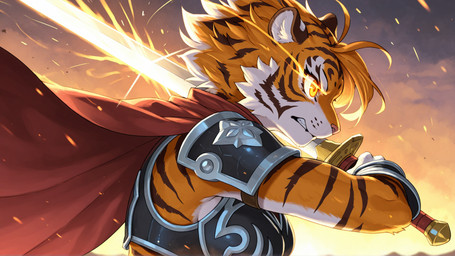 angry anthro armor breasts cape clothing female fire fur glowing glowing_eyes holding_object melee_weapon multicolored_body multicolored_fur orange_body side_boob side_view solo striped_body stripes sword weapon white_body yellow_eyes puffy_peter felid mammal pantherine tiger hi_res